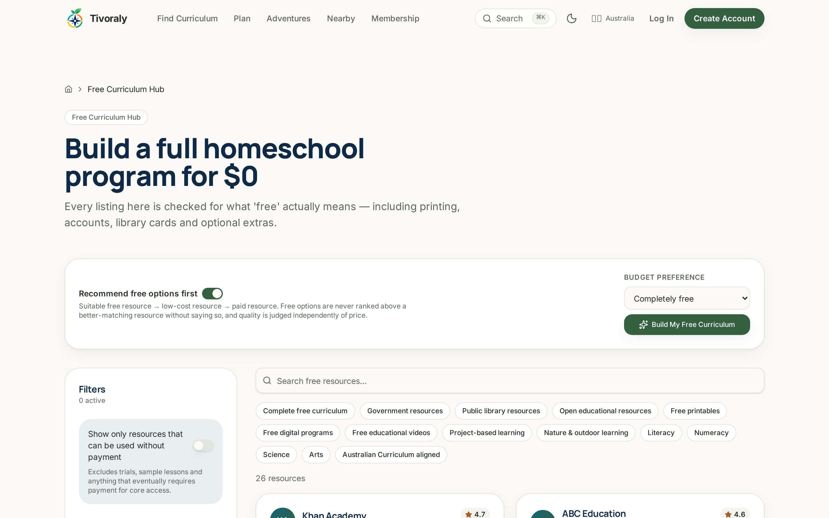 Free curriculum screen showing no-cost resources and filters