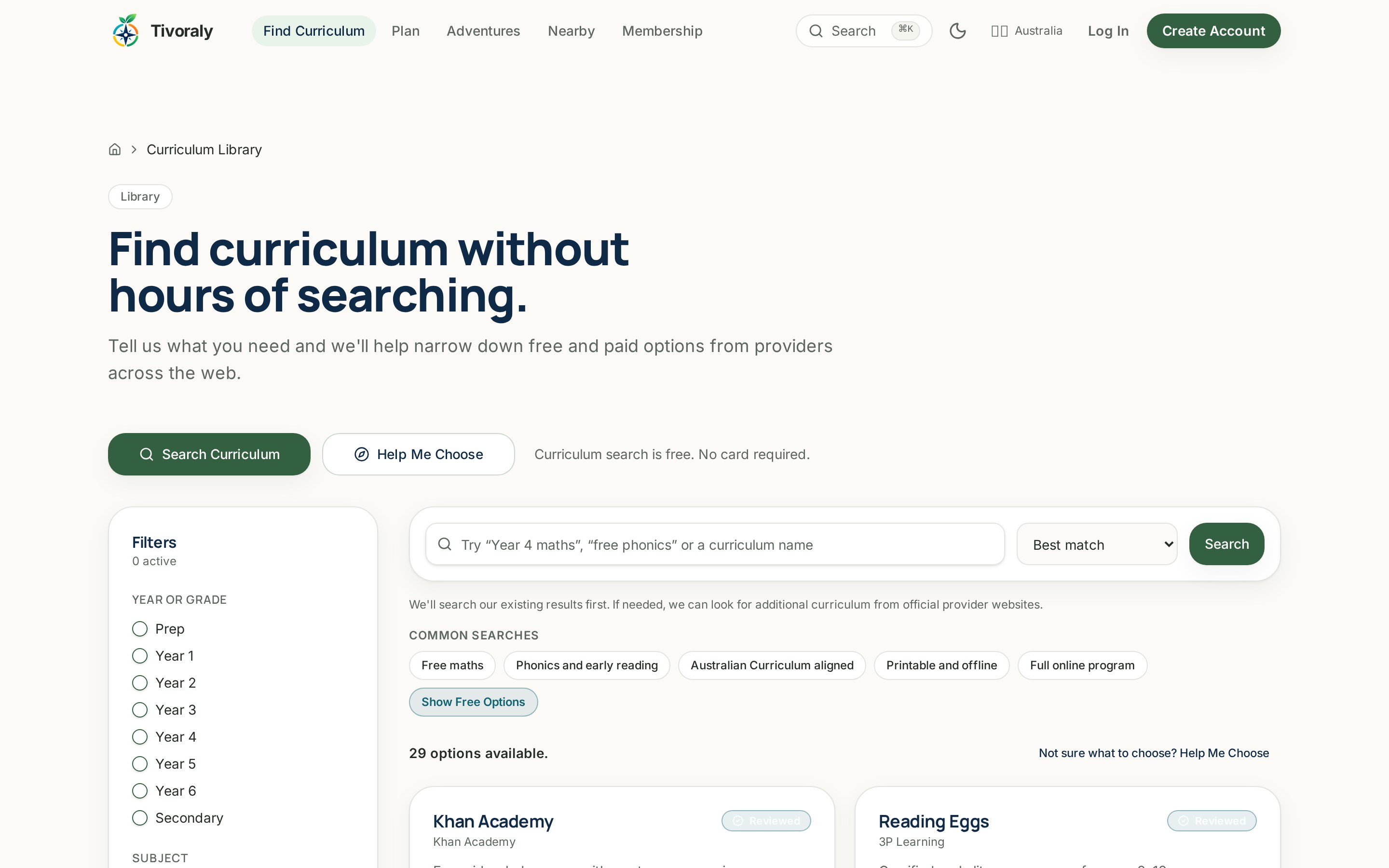 Curriculum Library screen showing search, filters by year and subject, and curriculum result cards